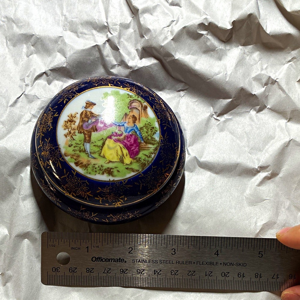 Round Blue Porcelain Trinket Box w/ Lid, Gold Floral Romantic Couple